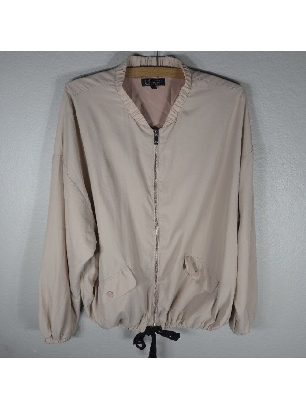 Zara TRF Collection Dusty Pink Full Zip Bomber Jacket Size L Tie Bottom Hem
